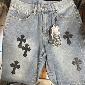 Chrome Hearts Light Blue Jean Shorts with Black Crosses